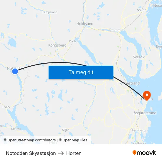 Notodden Skysstasjon to Horten map