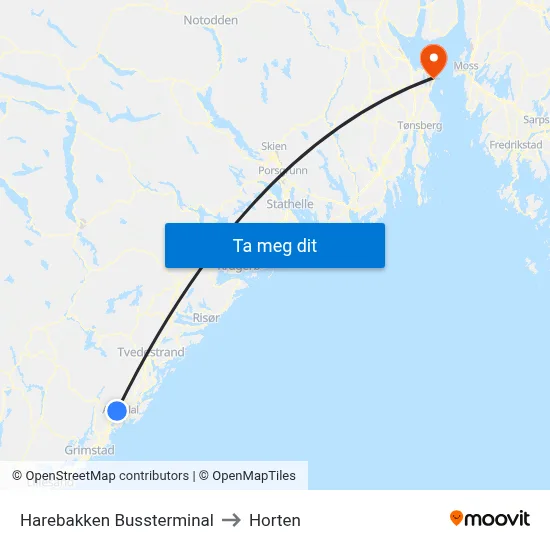 Harebakken Bussterminal to Horten map