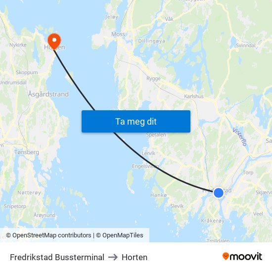 Fredrikstad Bussterminal to Horten map
