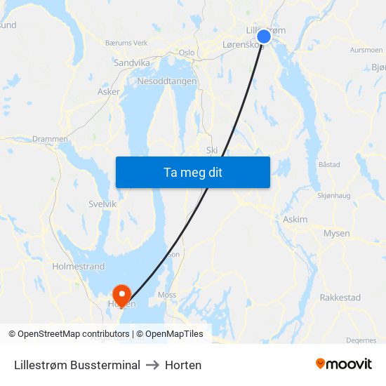 Lillestrøm Bussterminal to Horten map