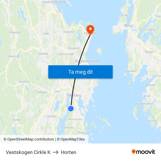 Vestskogen Cirkle K to Horten map