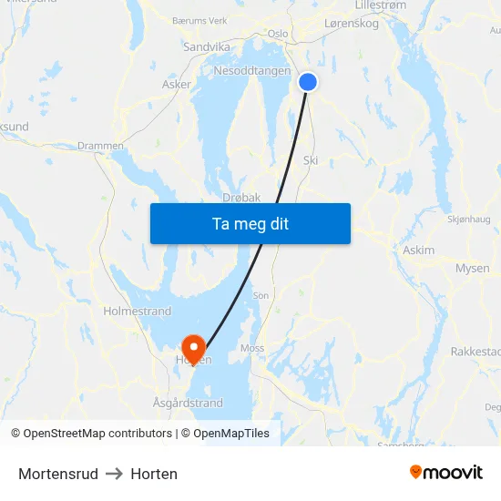 Mortensrud to Horten map