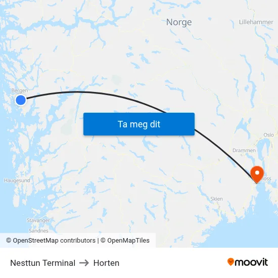 Nesttun Terminal to Horten map