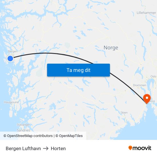 Bergen Lufthavn to Horten map