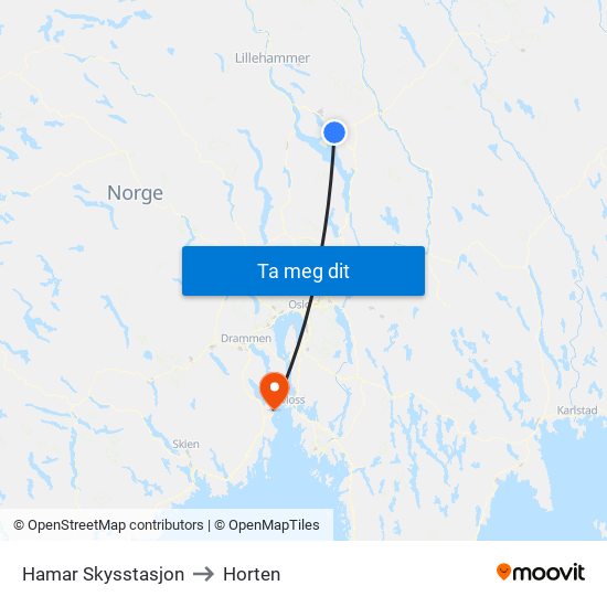 Hamar Skysstasjon to Horten map