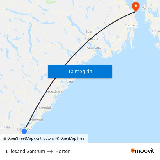 Lillesand Sentrum to Horten map