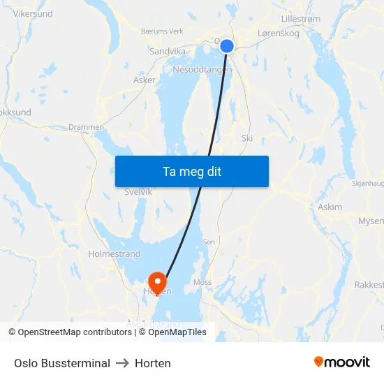 Oslo Bussterminal to Horten map