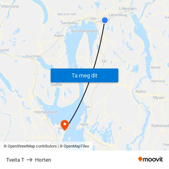 Tveita T to Horten map