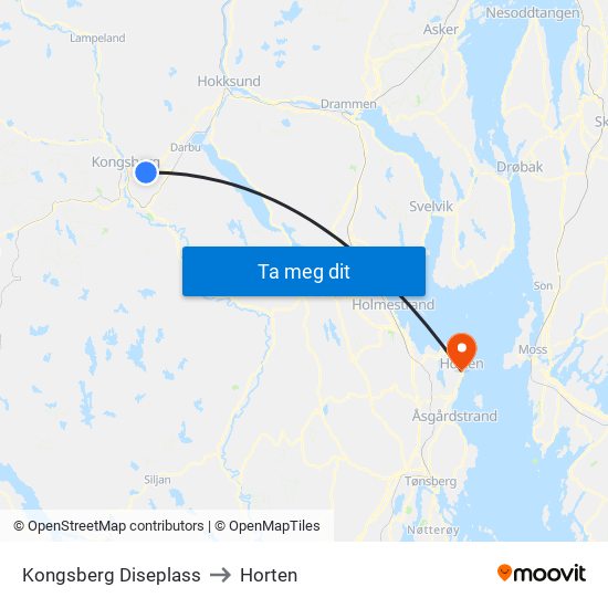 Kongsberg Diseplass to Horten map