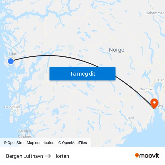 Bergen Lufthavn to Horten map
