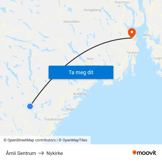 Åmli Sentrum to Nykirke map