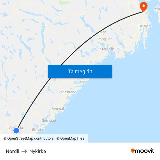 Nordli to Nykirke map