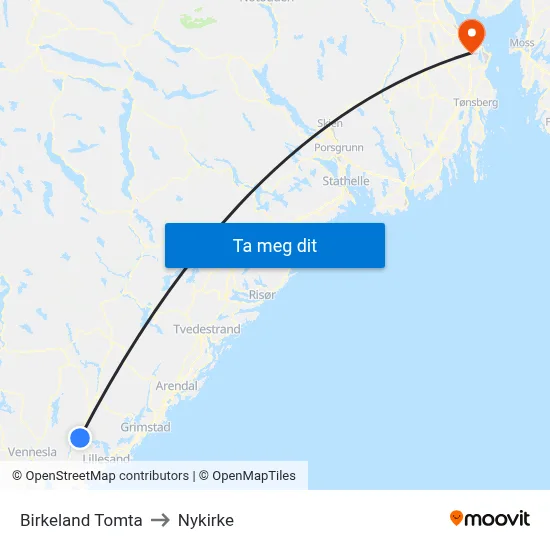 Birkeland Tomta to Nykirke map