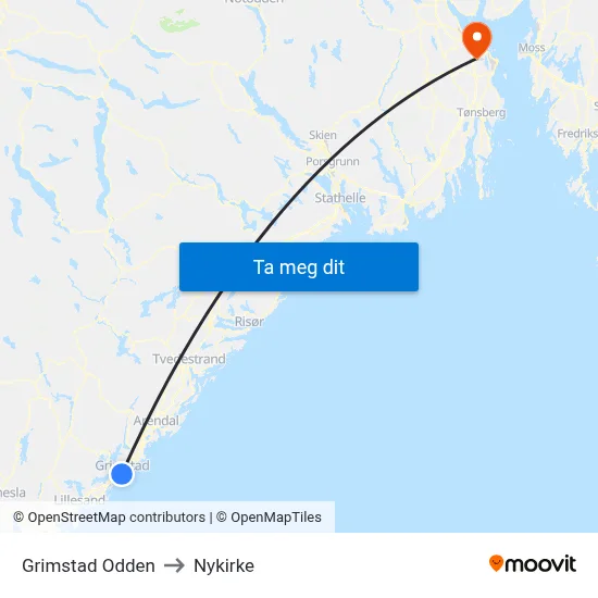 Grimstad Odden to Nykirke map