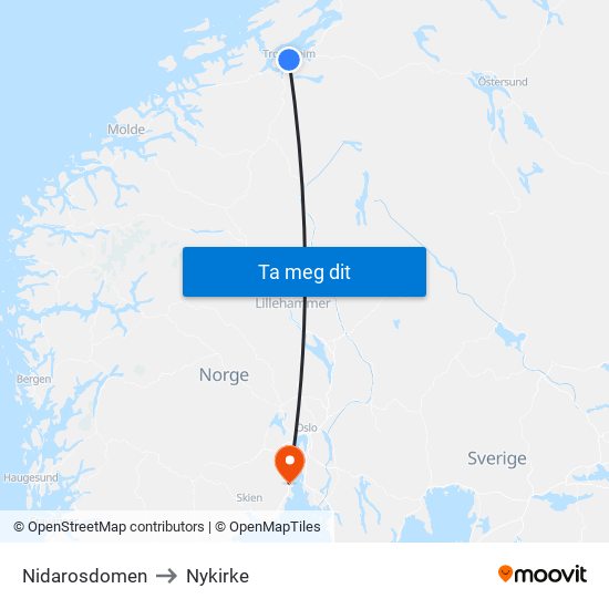 Nidarosdomen to Nykirke map