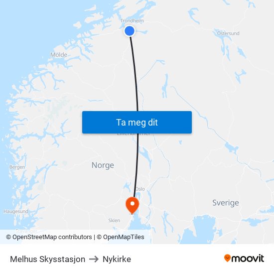 Melhus Skysstasjon to Nykirke map