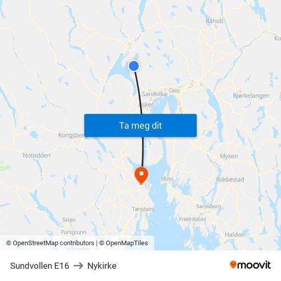 Sundvollen E16 to Nykirke map