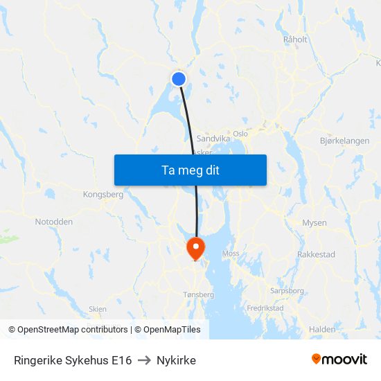 Ringerike Sykehus E16 to Nykirke map