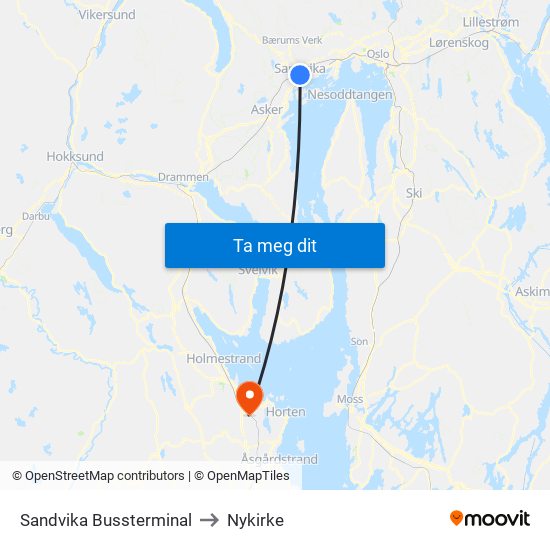 Sandvika Bussterminal to Nykirke map