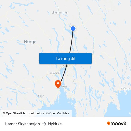 Hamar Skysstasjon to Nykirke map