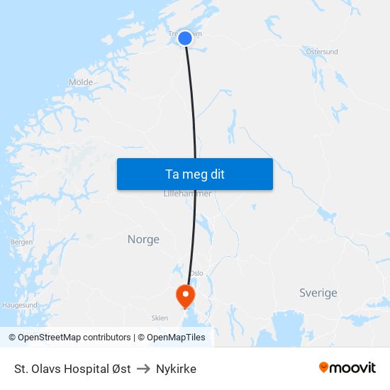 St. Olavs Hospital Øst to Nykirke map