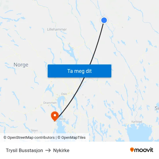 Trysil Busstasjon to Nykirke map