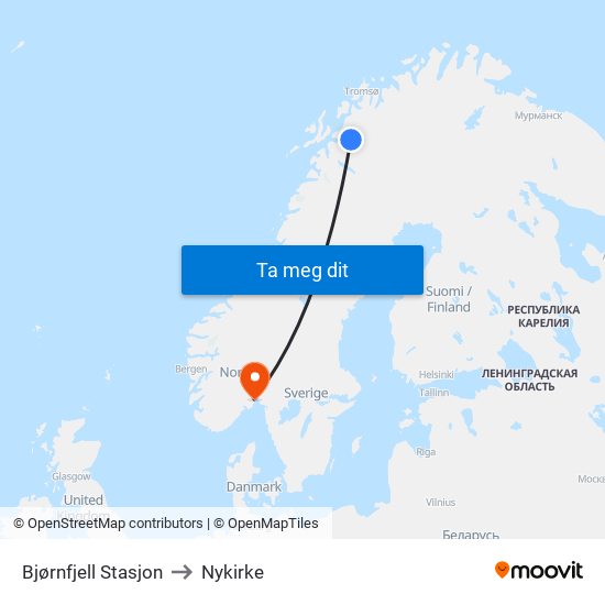 Bjørnfjell Stasjon to Nykirke map