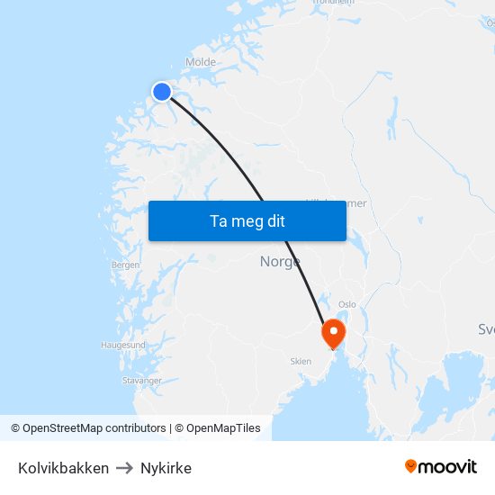 Kolvikbakken to Nykirke map