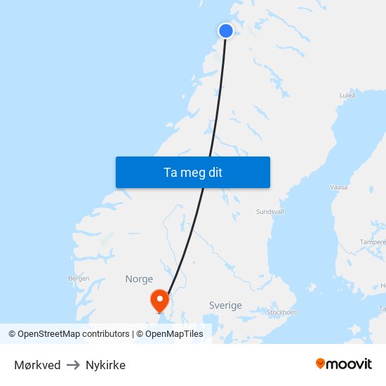 Mørkved to Nykirke map