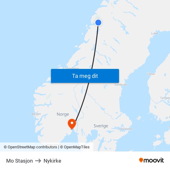 Mo Stasjon to Nykirke map