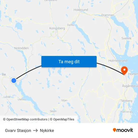 Gvarv Stasjon to Nykirke map