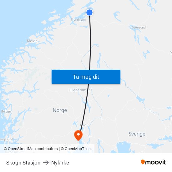 Skogn Stasjon to Nykirke map