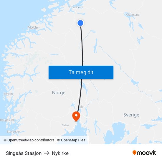 Singsås Stasjon to Nykirke map
