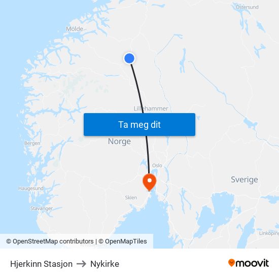 Hjerkinn Stasjon to Nykirke map