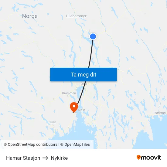 Hamar Stasjon to Nykirke map