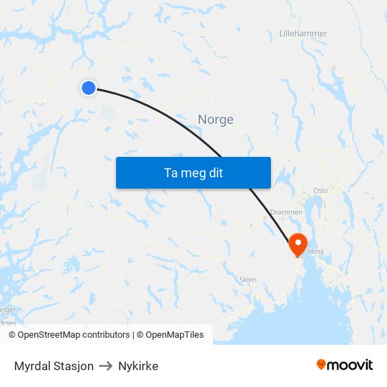 Myrdal Stasjon to Nykirke map