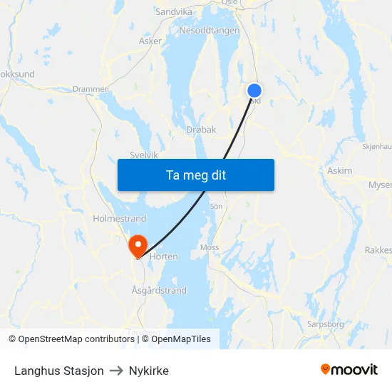 Langhus Stasjon to Nykirke map
