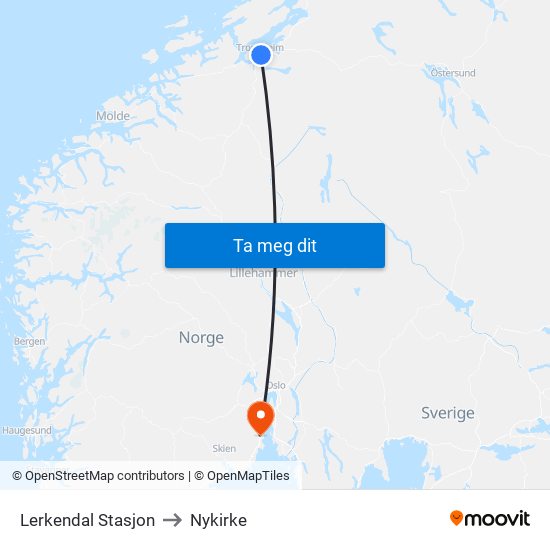 Lerkendal Stasjon to Nykirke map