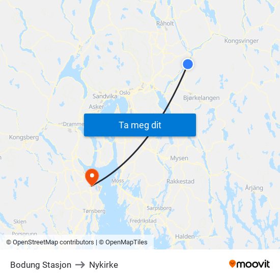 Bodung Stasjon to Nykirke map