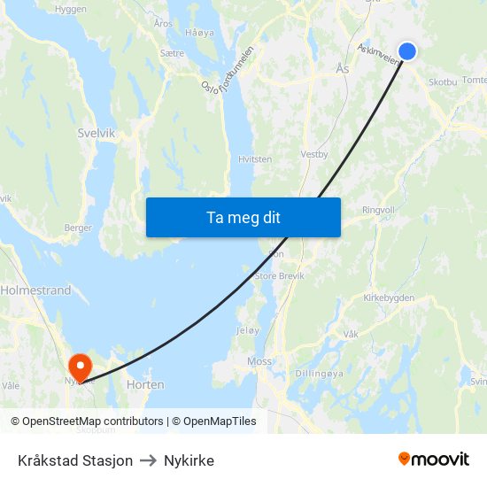 Kråkstad Stasjon to Nykirke map
