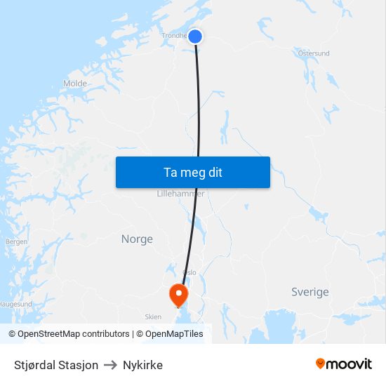 Stjørdal Stasjon to Nykirke map