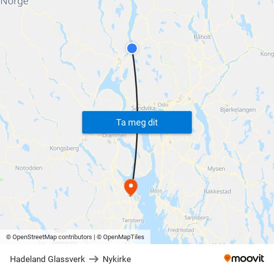 Hadeland Glassverk to Nykirke map