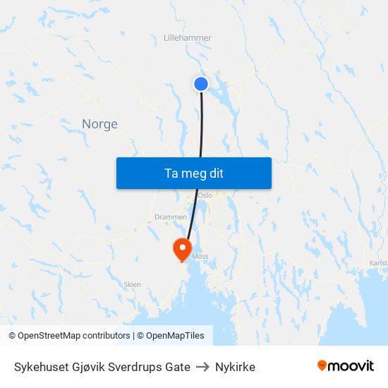 Sykehuset Gjøvik Sverdrups Gate to Nykirke map
