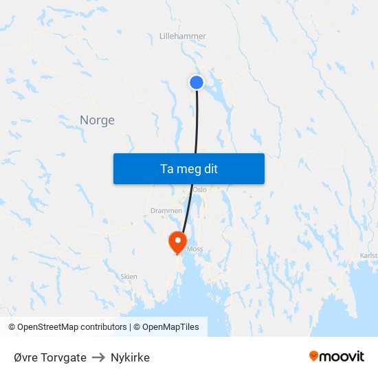 Øvre Torvgate to Nykirke map
