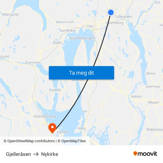 Gjelleråsen to Nykirke map