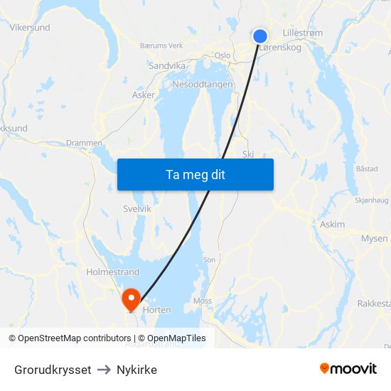 Grorudkrysset to Nykirke map