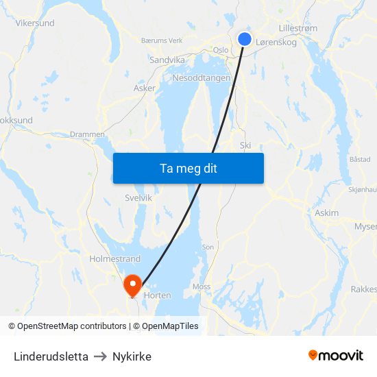 Linderudsletta to Nykirke map