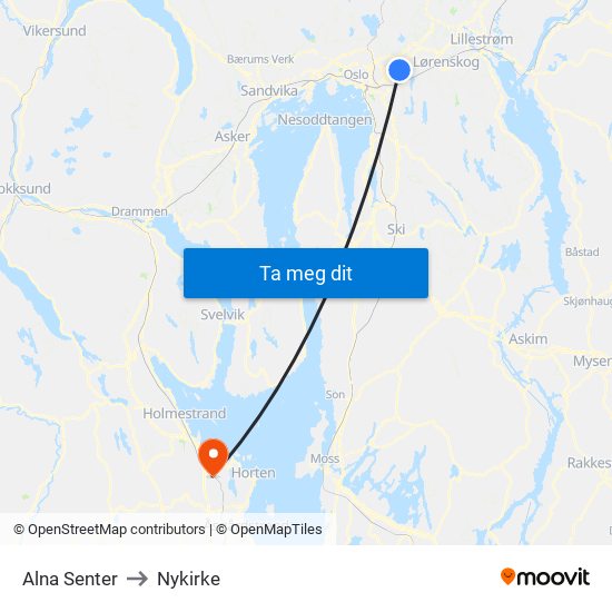 Alna Senter to Nykirke map
