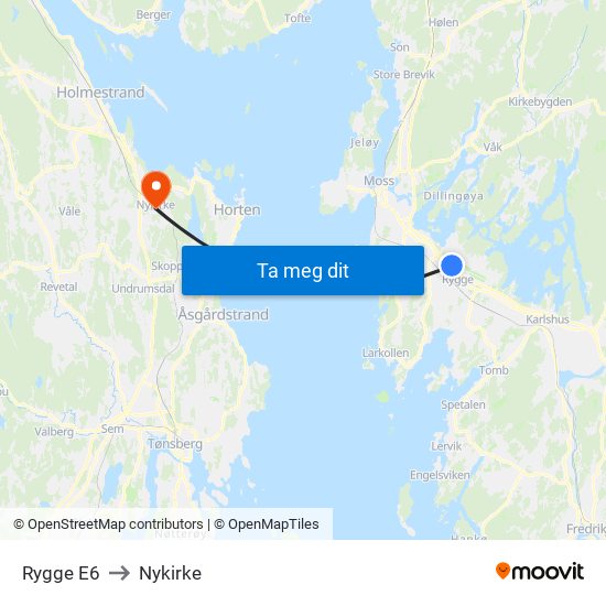 Rygge E6 to Nykirke map