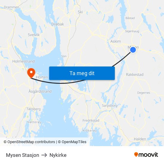 Mysen Stasjon to Nykirke map